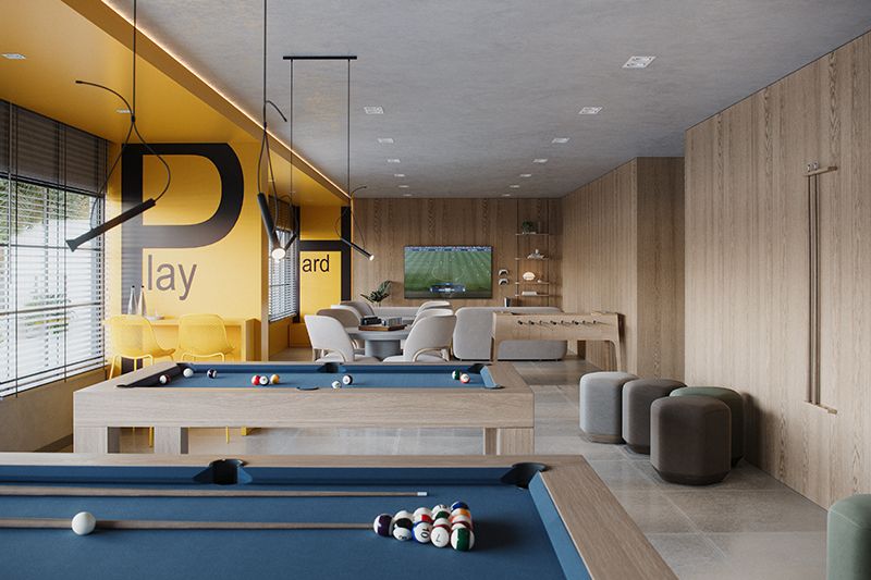 Sala de jogos com mesa de bilhar